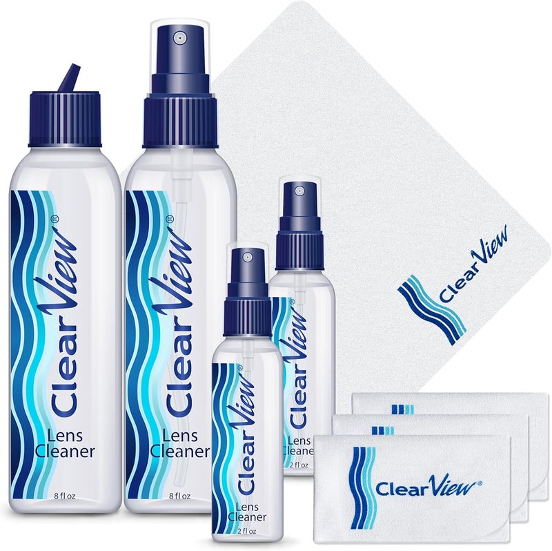 ClearView Lens Cleaner Kit – 4 Bottles + 4 Microfiber Cloths | Streak-Free Eyeglass & Screen Cleaning Spray | Safe for AR & Blue-Light Lenses | 8 oz + Travel Sizes - Image 1